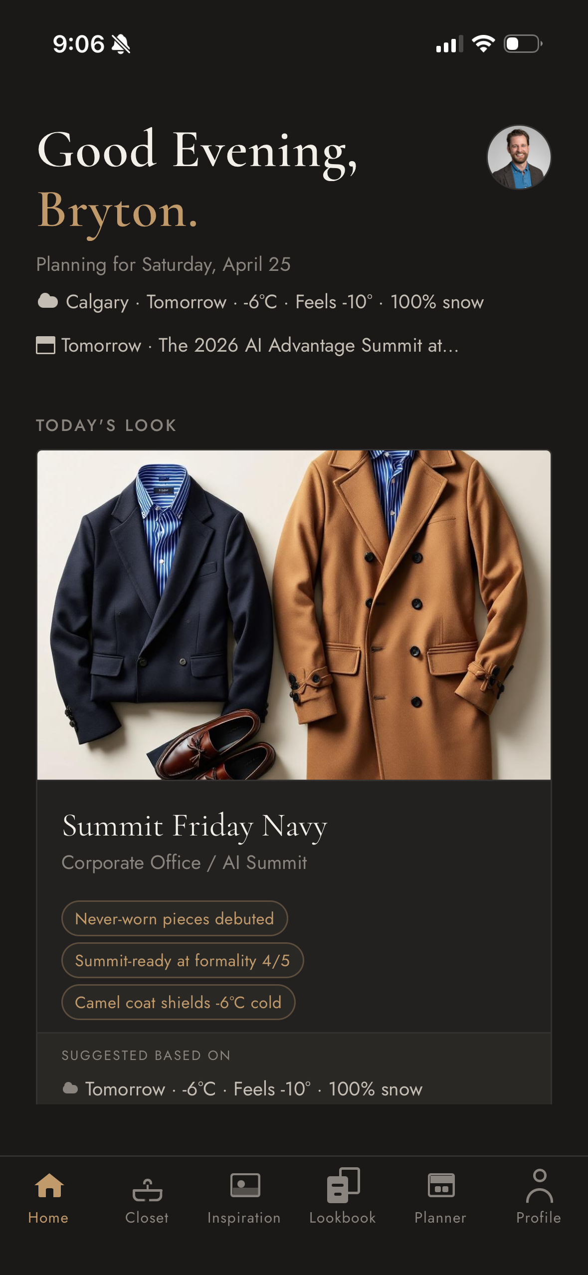 Sprez app home screen showing today's outfit suggestion